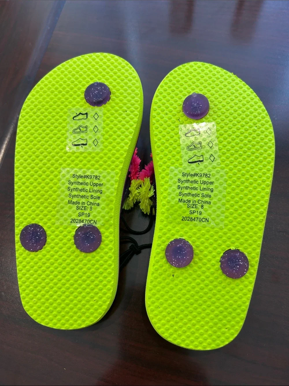 NWT Crewcuts Purple Flip Flops with Neon Pom Flower Accents